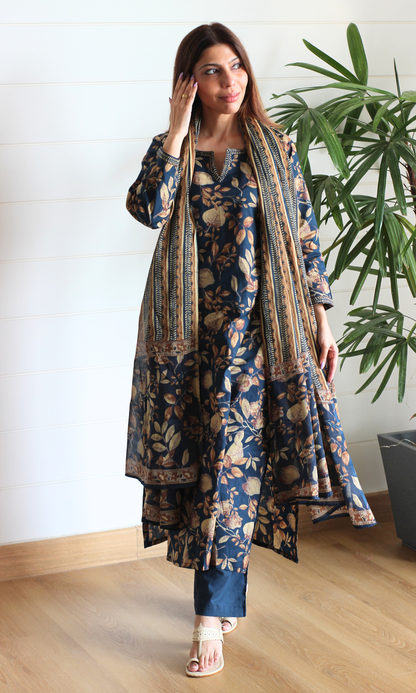 Navy Autumn Print Cotton Kurta, Pants & Printed Dupatta