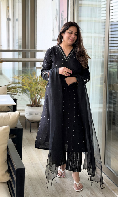 Black Handloom Cotton Dobby Kurta, Pant & Kota Doria Dupatta