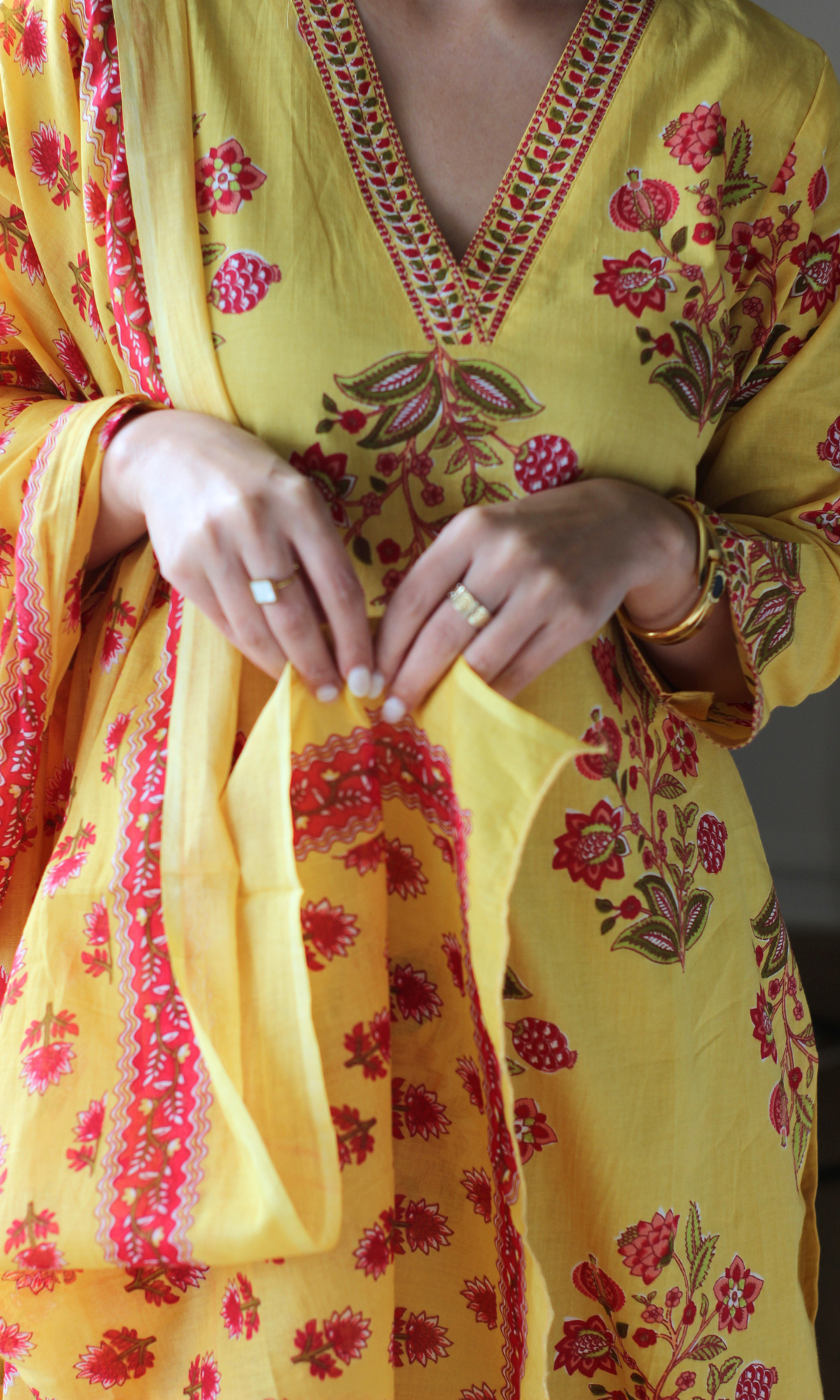 Yellow & Pink Mughal Print Kurta, Cotton Pants & Cotton Printed Dupatta