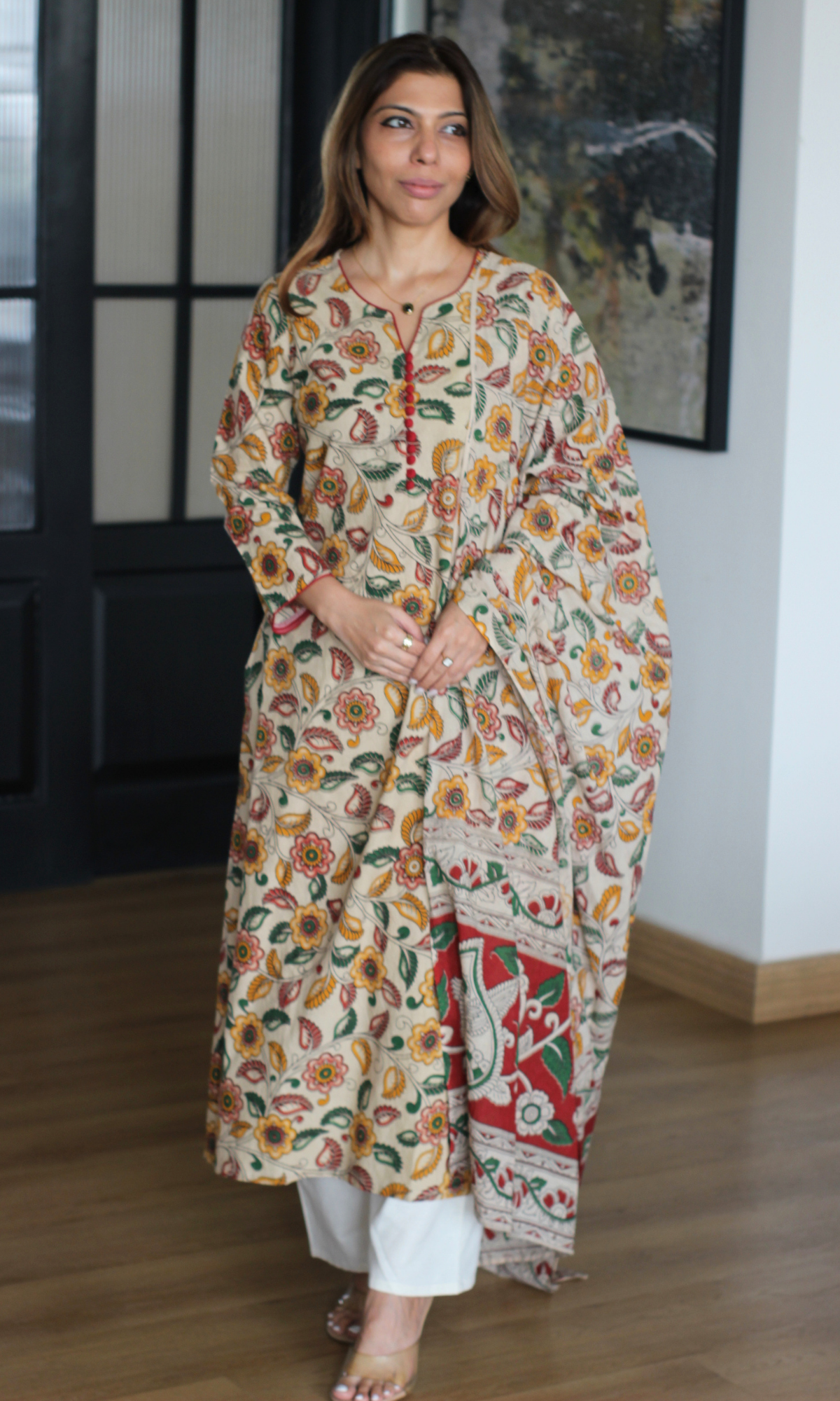 Sukoon Beige Kalamkari Cotton Kurta & Dupatta