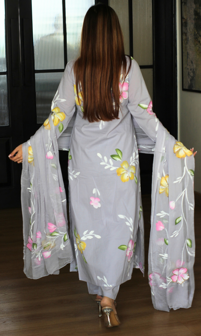 Lavender Mist Handbrush Painted Kurta, Pant & Chiffon Handpainted Dupatta