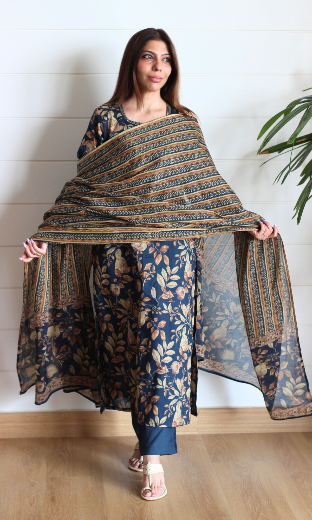 Navy Autumn Print Cotton Kurta, Pants & Printed Dupatta