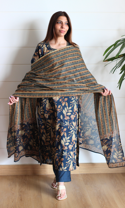 Navy Autumn Print Cotton Kurta, Pants & Printed Dupatta