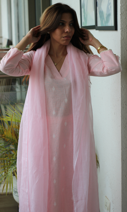 Soft Pink Cotton Dobby Kurta, Pant and Kota Doria Dupatta
