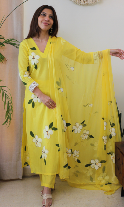 Sunshine Flora Handbrush Painted Kurta, Cotton Pants & Chiffon Handpainted Dupatta