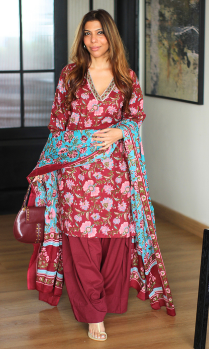 Albeli Block Print Kurta, Dupatta & Cotton Farshi Salwaar