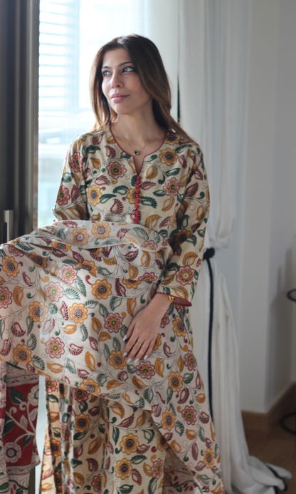Sukoon Beige Kalamkari Cotton Kurta & Dupatta