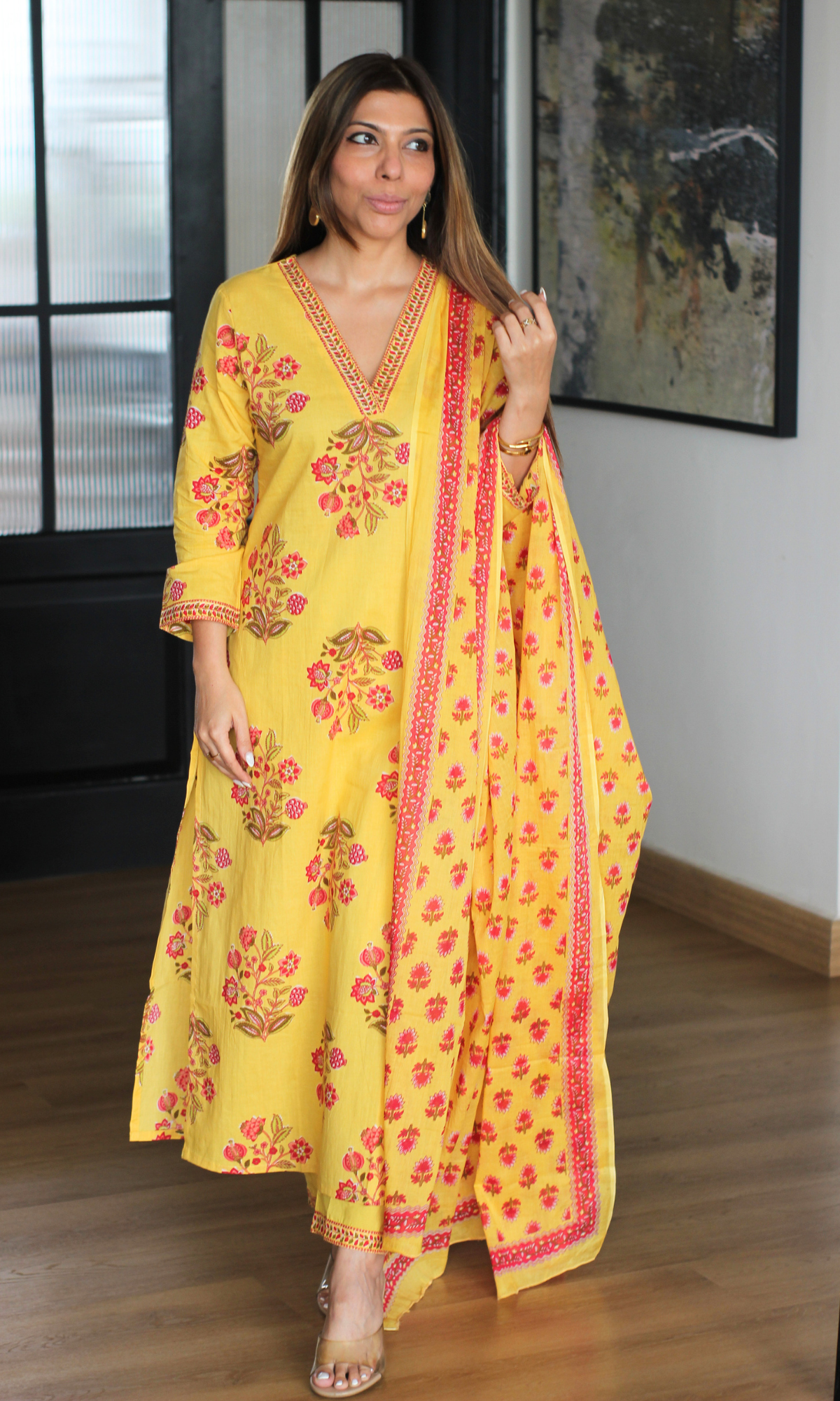 Yellow & Pink Mughal Print Kurta, Cotton Pants & Cotton Printed Dupatta