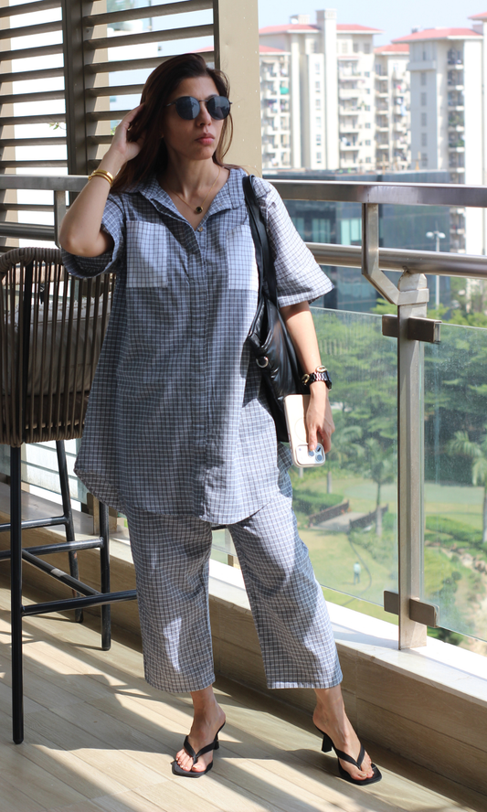 Stone Checks Contrast Pocket Handloom Cotton Co-ord