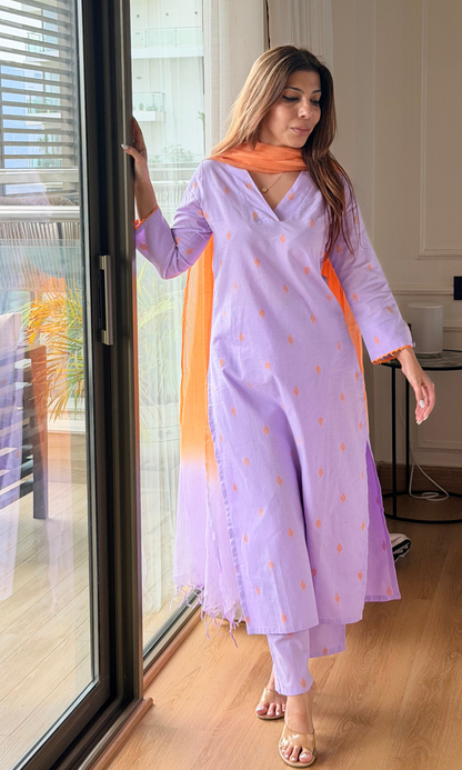 Lavender & Orange Cotton Dobby Kurta, Pant & Kota Doria Dupatta