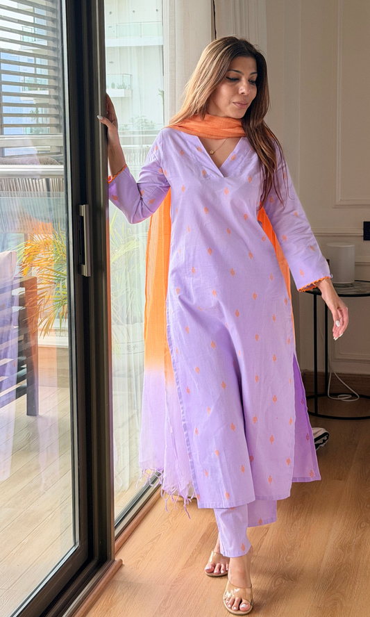 Lavender & Orange Cotton Dobby Kurta, Pant & Kota Doria Dupatta