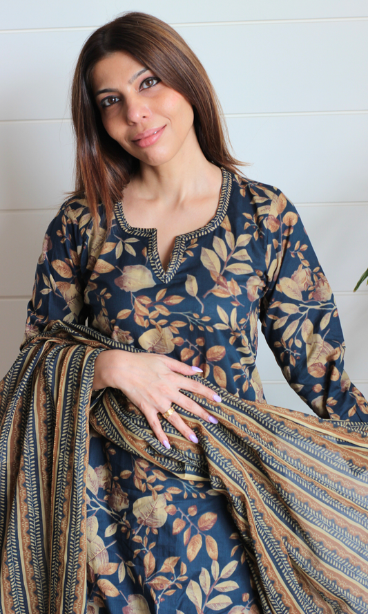 Navy Autumn Print Cotton Kurta, Pants & Printed Dupatta