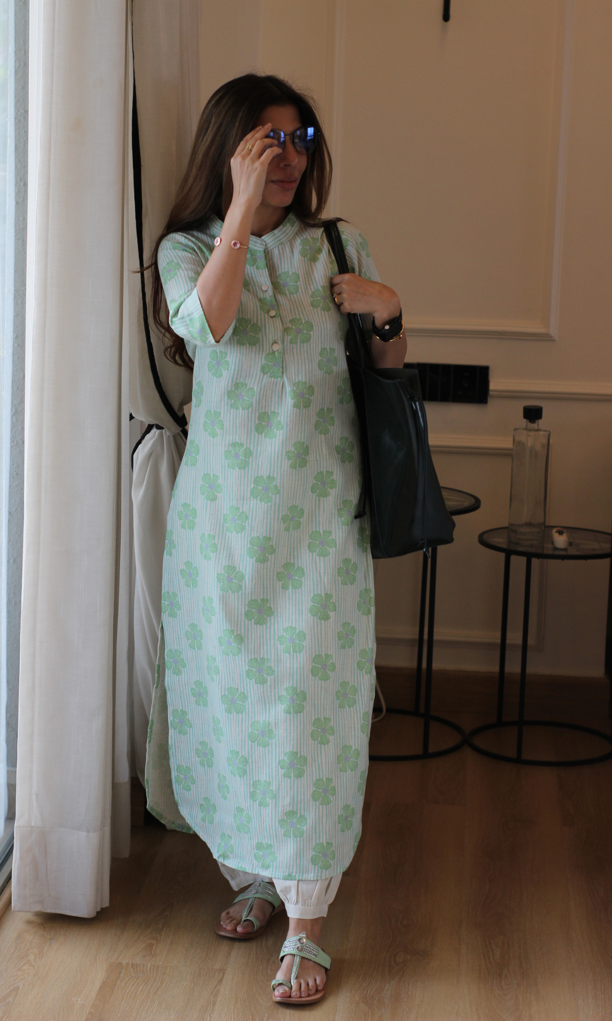 Green Striped Floral Linen Blend Kurta & Pleated Pants