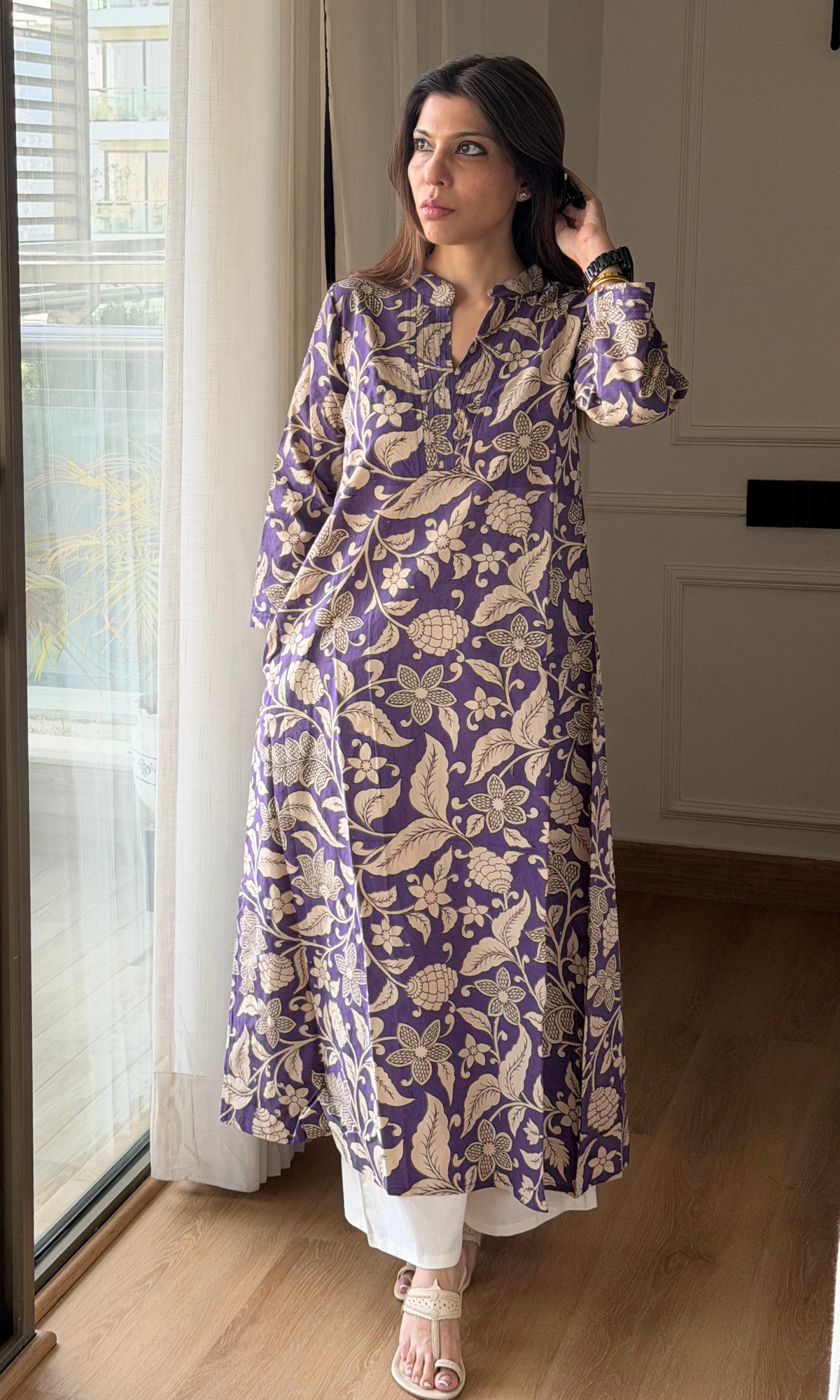 Cotton Purple & Beige Handblock Kalamkari Kali Kurta