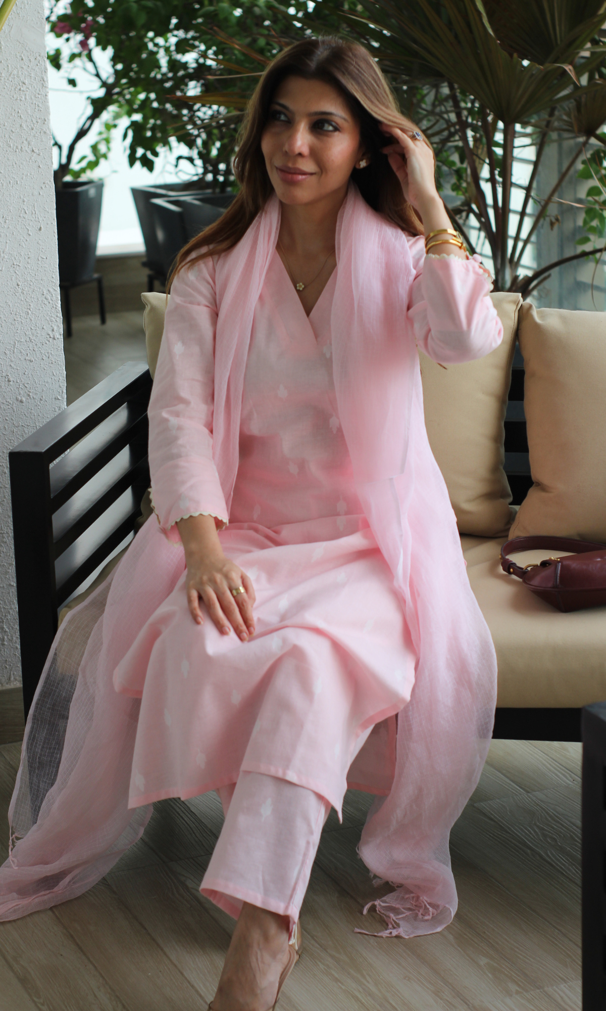 Soft Pink Cotton Dobby Kurta, Pant and Kota Doria Dupatta