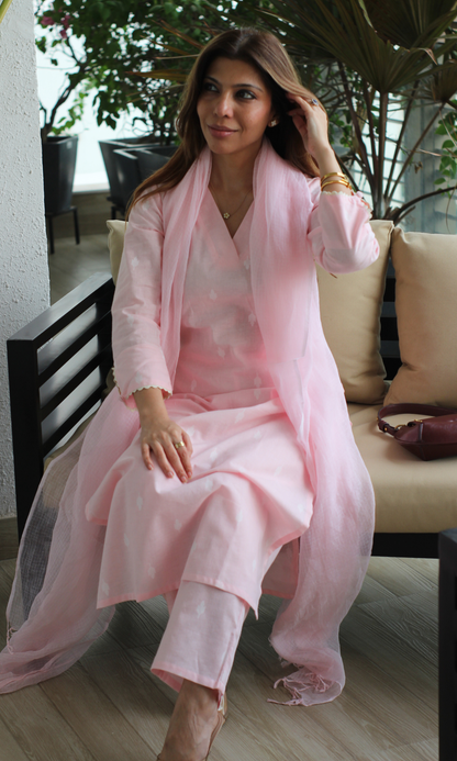 Soft Pink Cotton Dobby Kurta, Pant and Kota Doria Dupatta