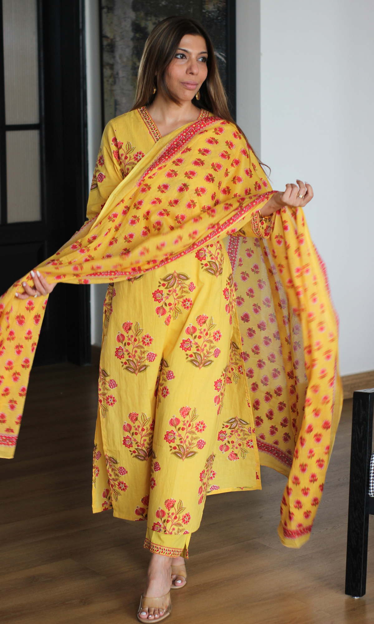 Yellow & Pink Mughal Print Kurta, Cotton Pants & Cotton Printed Dupatta