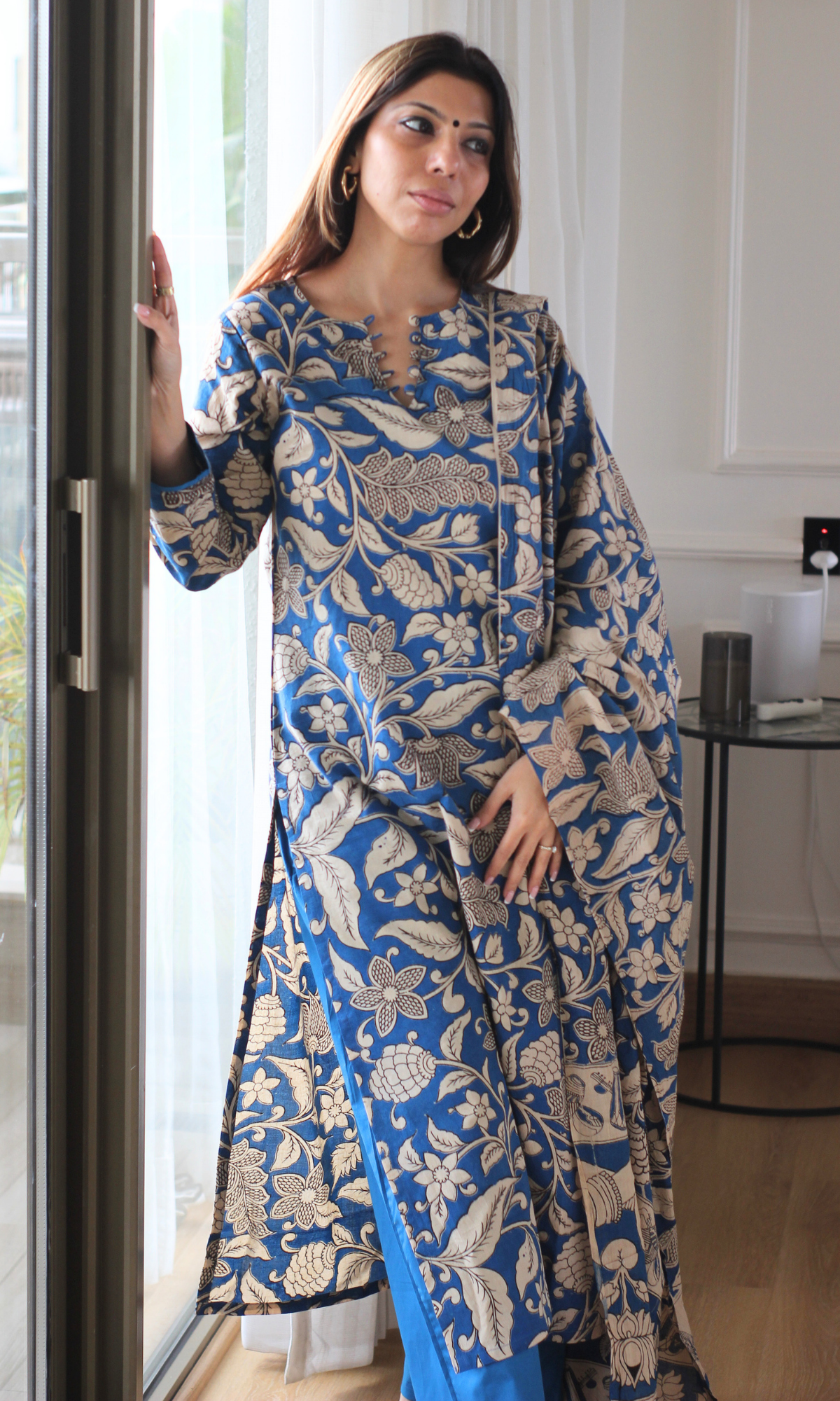 Sapphire Blue Kalamkari Kurta, Dupatta & Cotton Pants
