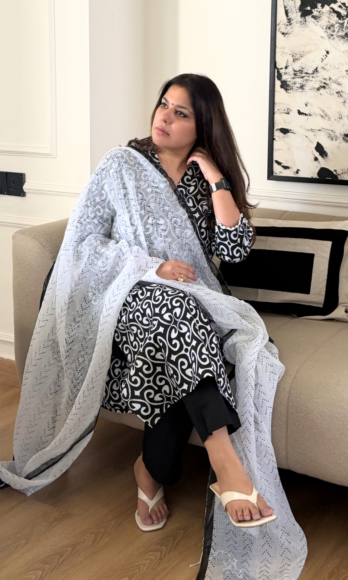 Black & White Abstract Print Cotton Kurta , Pants & Kota Doria Printed Dupatta