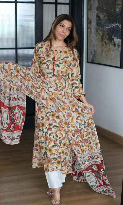 Sukoon Beige Kalamkari Cotton Kurta & Dupatta