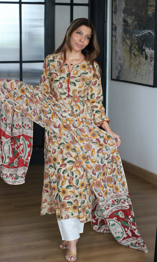 Sukoon Beige Kalamkari Cotton Kurta & Dupatta