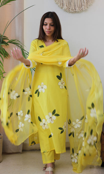 Sunshine Flora Handbrush Painted Kurta, Cotton Pants & Chiffon Handpainted Dupatta
