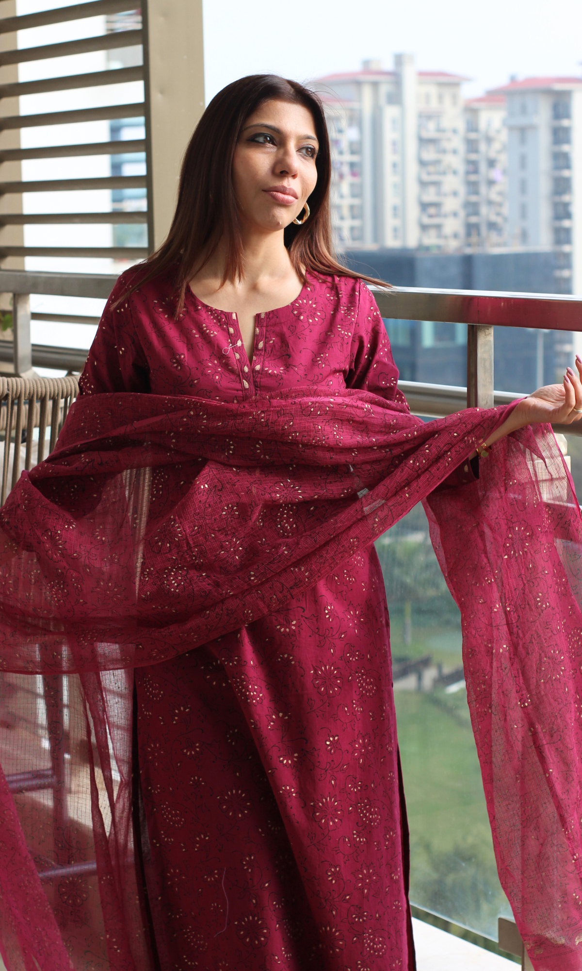 Cotton Mulberry & Gold Handblock Print Kurta , Printed Kota Doria Dupatta