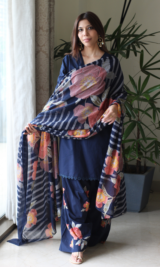 Navy Blue Gulzar Kurta with Farshi Salwar & Cotton Dupatta