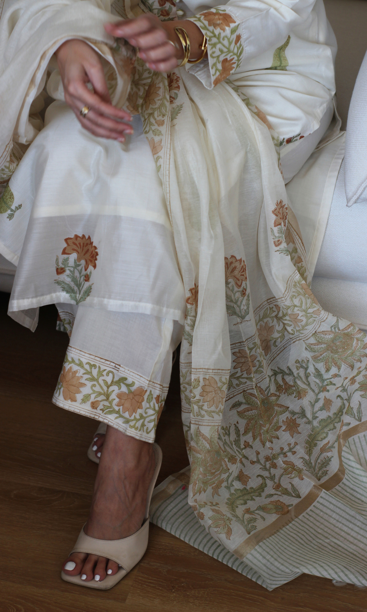 Saanjh Chanderi Silk Handblock Printed Kurta , Dupatta & Cotton Pants