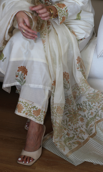 Saanjh Chanderi Silk Handblock Printed Kurta , Dupatta & Cotton Pants