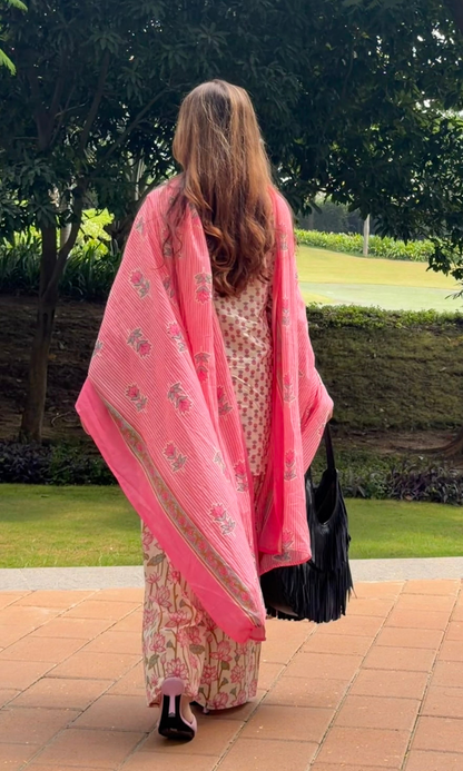 Meera Pink Floral Kurta, Farshi Salwaar & Cotton Printed Dupatta