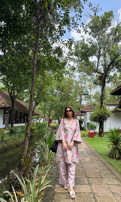 Dusty Pink Bloom Linen Blend Kimono Kurta with Linen Pants