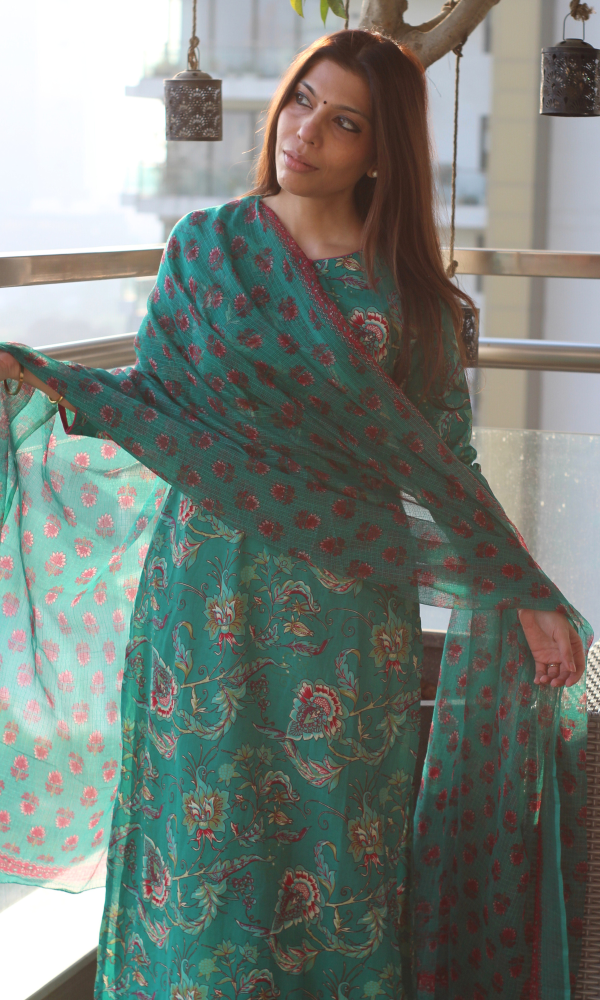 Green & Pink Jaal Print Cotton Kurta , Pant & Kota Doria Booti Dupatta