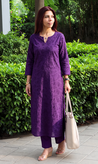 Purple Overall Embroidered Kurta & Cotton Pants