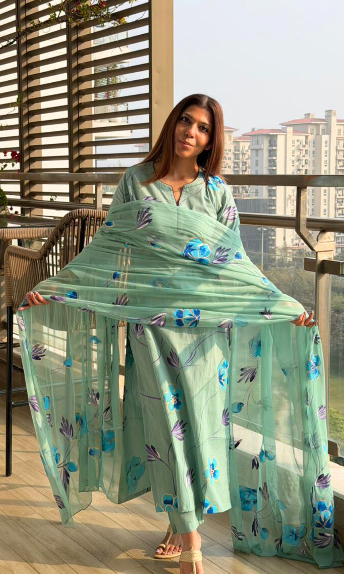 Mint Whisper Handbrush Painted Kurta, Cotton Pants & Chiffon Handpainted Dupatta