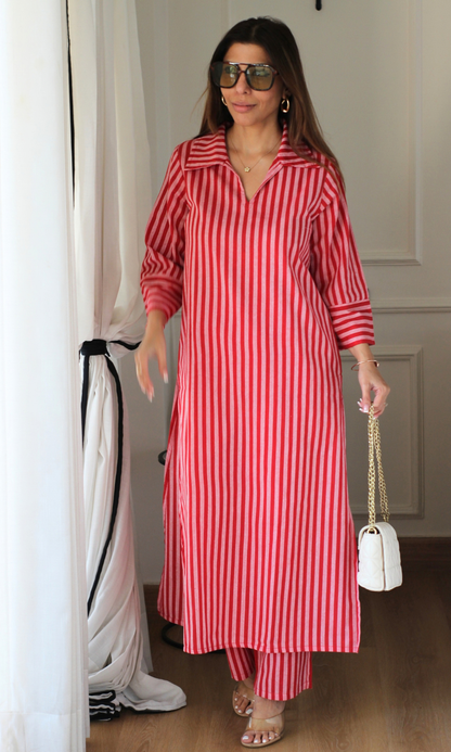Red & Pink Striped Collared Handloom Cotton Coord