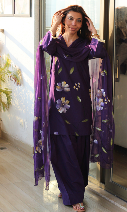 Luxe Purple Handbrush Painted Kurta, Farshi Salwaar & Chiffon Handpainted Dupatta