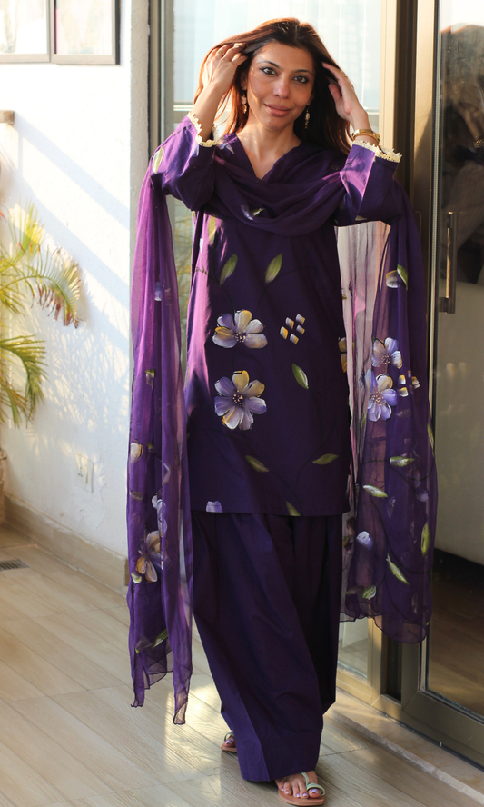Luxe Purple Handbrush Painted Kurta, Farshi Salwaar & Chiffon Handpainted Dupatta
