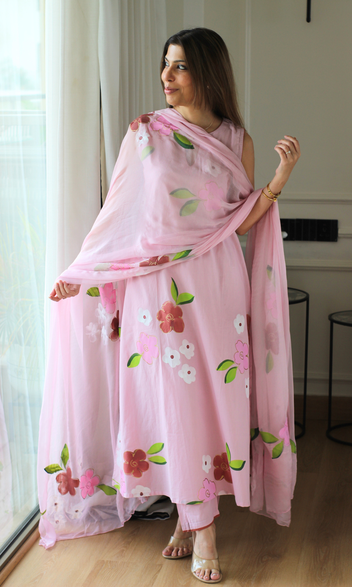 Daphne Pink Handbrush Painted A cut Sleeveless Kurta, Chiffon Dupatta & Cotton Pants