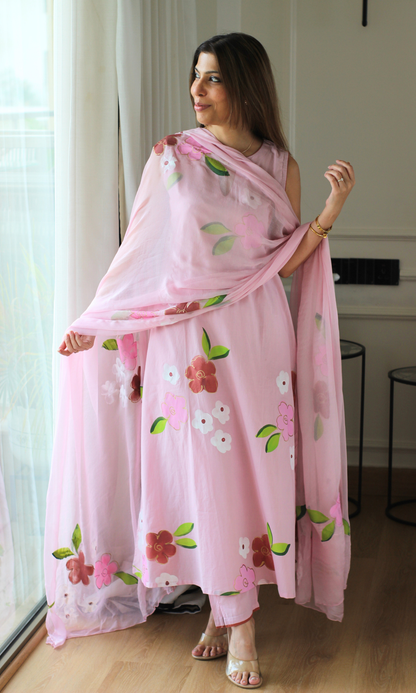 Daphne Pink Handbrush Painted A cut Sleeveless Kurta, Chiffon Dupatta & Cotton Pants