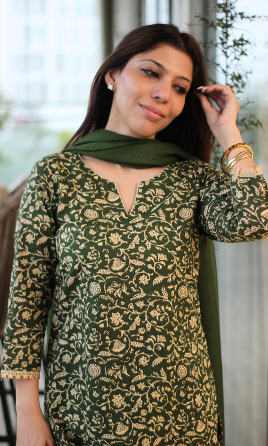 Deep Green Baagh Printed Cotton Kurta, Pant & Kota Doria Dupatta