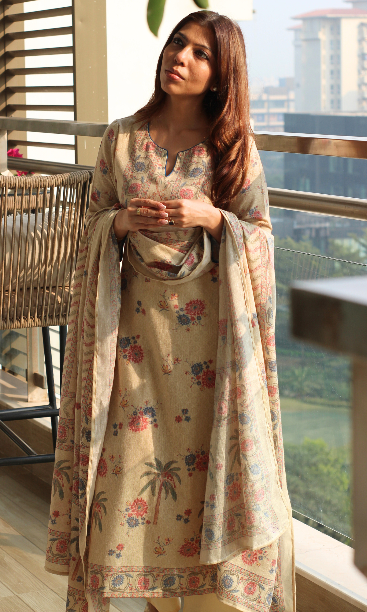 Beige Paradise Linen Blend Kurta, Dupatta & Cotton Pants