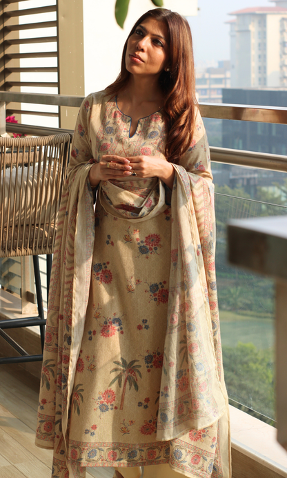 Beige Paradise Linen Blend Kurta, Dupatta & Cotton Pants