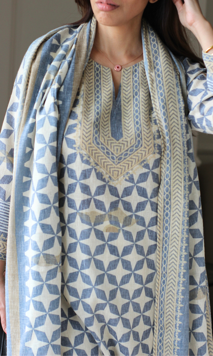 Linen Blend Beige Prism Print  Print Kurta , Dupatta with Cotton Pants