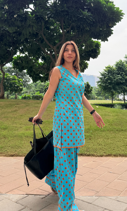 Blue Polka Print Kurta & Farshi Salwaar