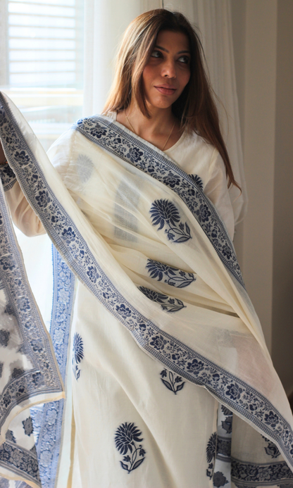 Navy Blue Mughal Loom Woven Kurta , Dupatta & Cotton Pants