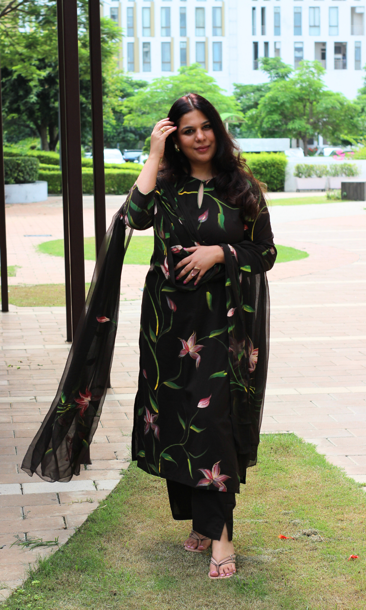 Chocolate Brown Handbrush Painted Kurta, Cotton Pants & Chiffon Handpainted Dupatta