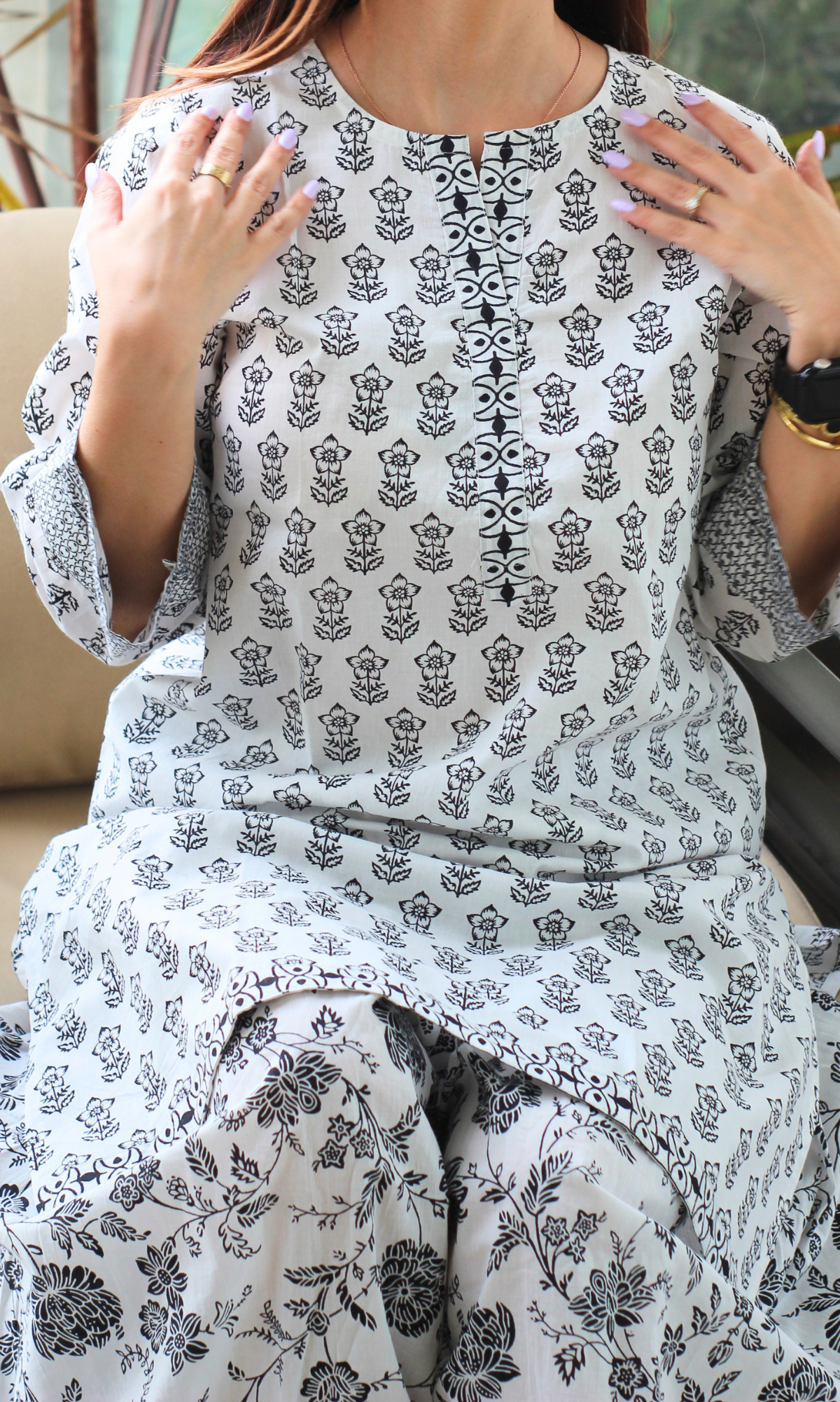 Cotton Nargis White & Black Kurta with Farshi Salwaar