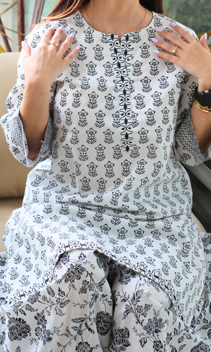 Cotton Nargis White & Black Kurta with Farshi Salwaar