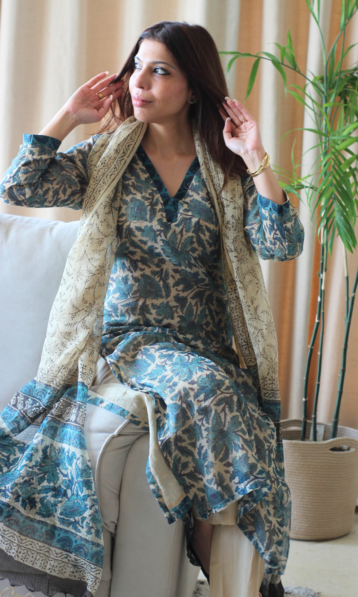 Kota Doria Kalamkari Beige & Teal Kurta and Dupatta with Cotton Pants
